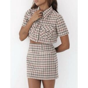 NWT Rumored Coco Top Newbury Plaid Tweed Houndstooth Cropped Jacket Skirt‎ Set